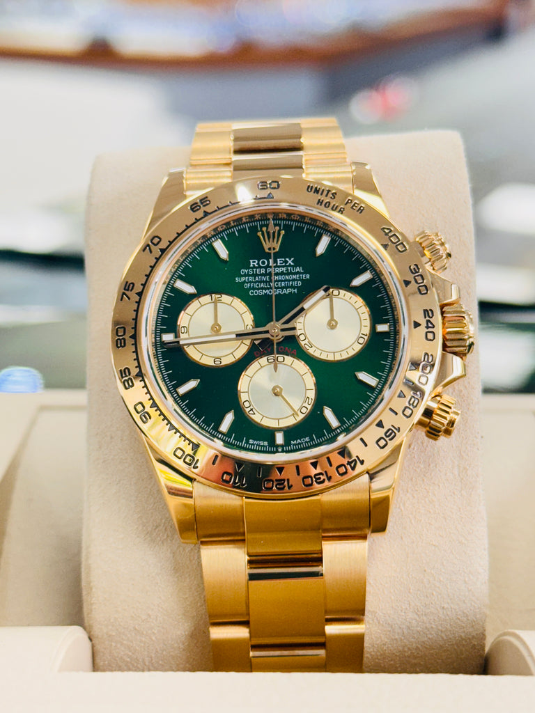 Rolex Cosmograph Daytona 116508 CUSTOM MADE Green Dial & Gold SubDial Box and Papers MINT - Diamonds East Intl.