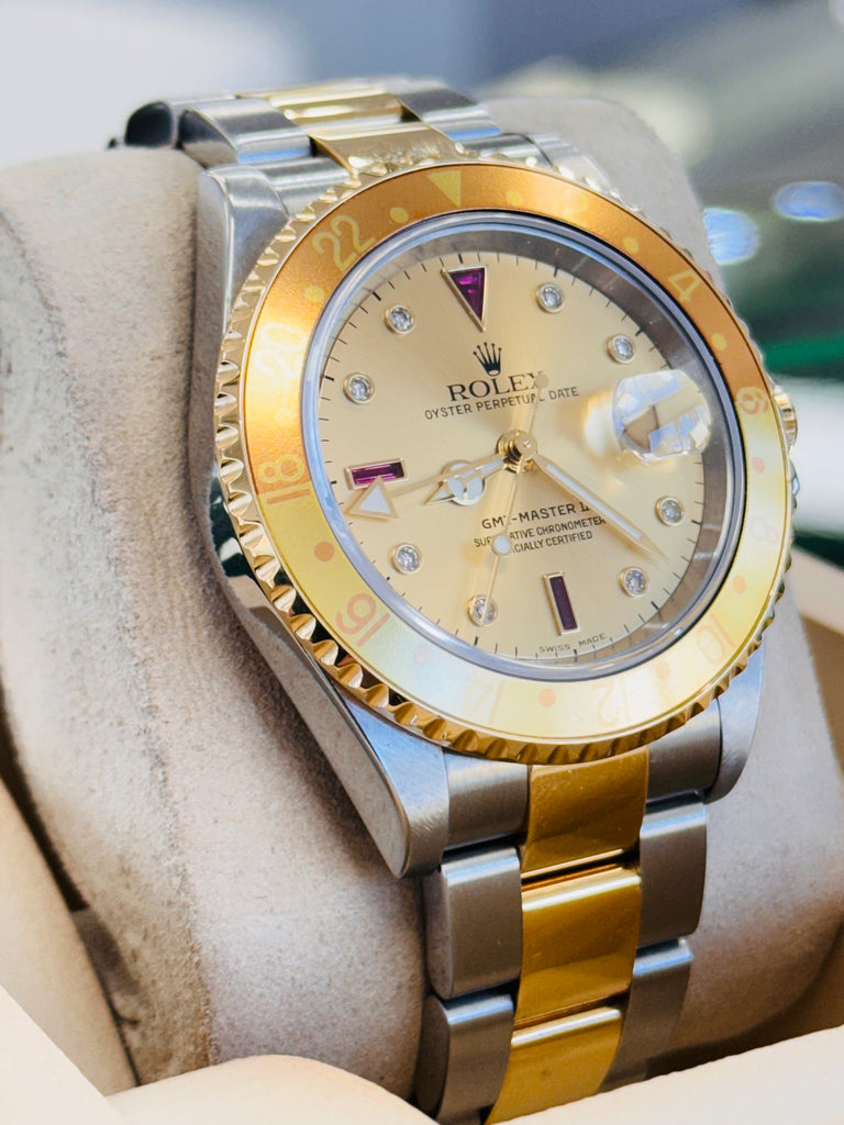 Rolex GMT Master II Root Beer RARE FACTORY Diamond Ruby Serti Dial
