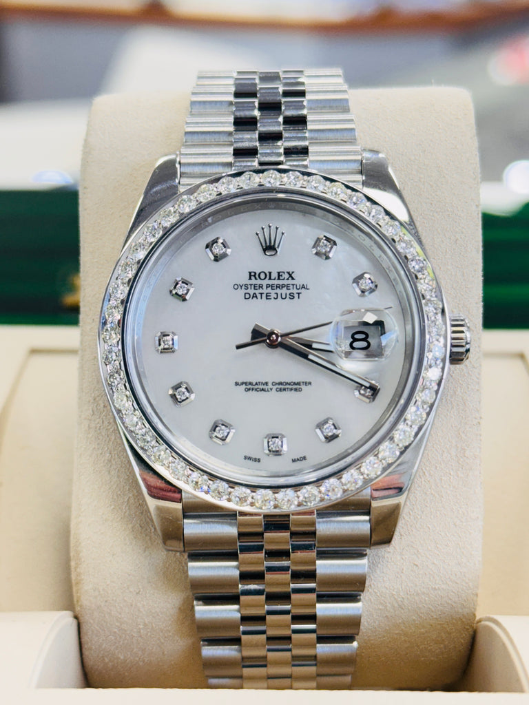 Rolex Date-Just 41mm 126300 Custom MOP Diamond Dial And Diamond Bezel Papers - Diamonds East Intl.