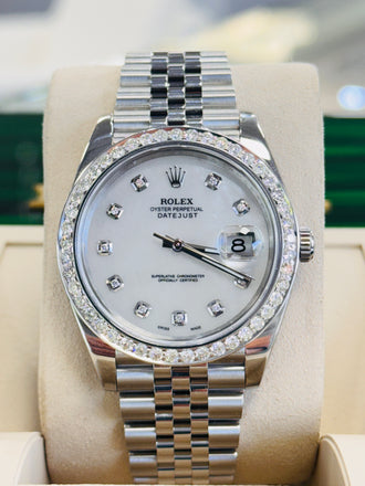 Rolex Date-Just 41mm 126300 Custom MOP Diamond Dial And Diamond Bezel Papers - Diamonds East Intl.
