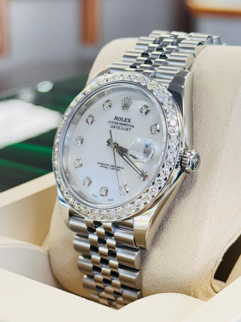 Rolex Date-Just 41mm 126300 Custom MOP Diamond Dial And Diamond Bezel Papers - Diamonds East Intl.