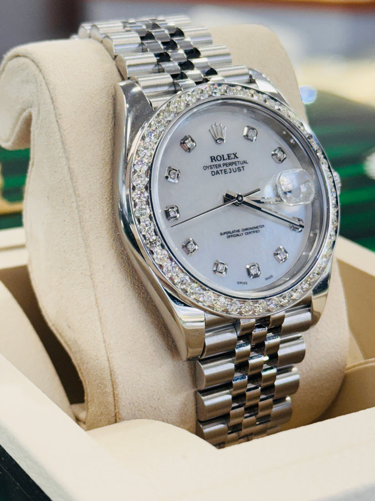 Rolex Date-Just 41mm 126300 Custom MOP Diamond Dial And Diamond Bezel Papers - Diamonds East Intl.