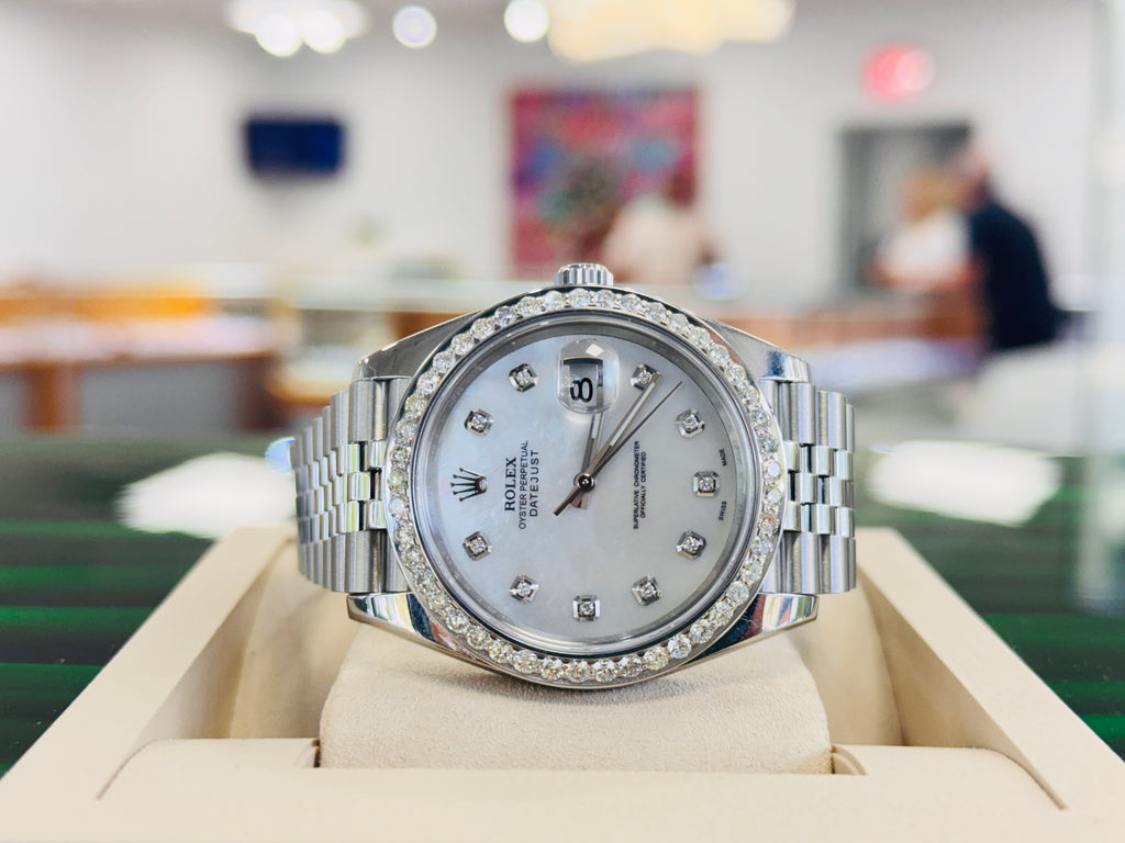 Rolex Date-Just 41mm 126300 Custom MOP Diamond Dial And Diamond Bezel Papers - Diamonds East Intl.
