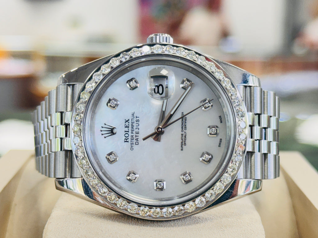 Rolex Date-Just 41mm 126300 Custom MOP Diamond Dial And Diamond Bezel Papers - Diamonds East Intl.