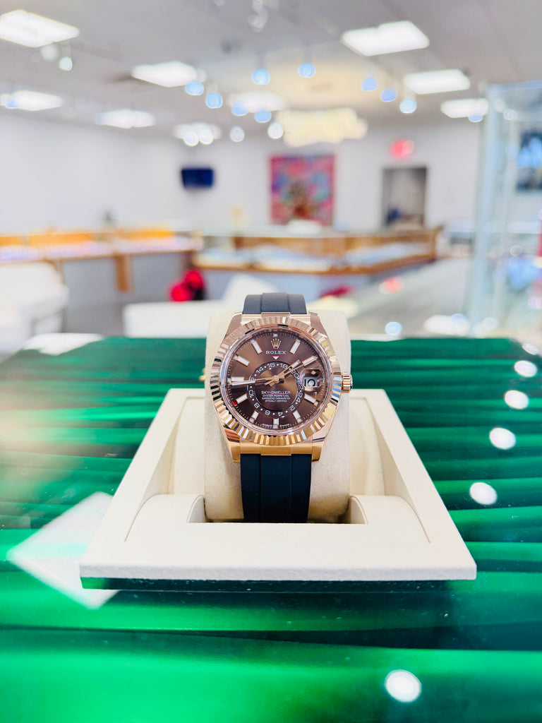 Rolex Sky-Dweller 42 326235  EverRose Gold Chocolate Dial OysterFlex PreOwned Box and Papers - Diamonds East Intl.