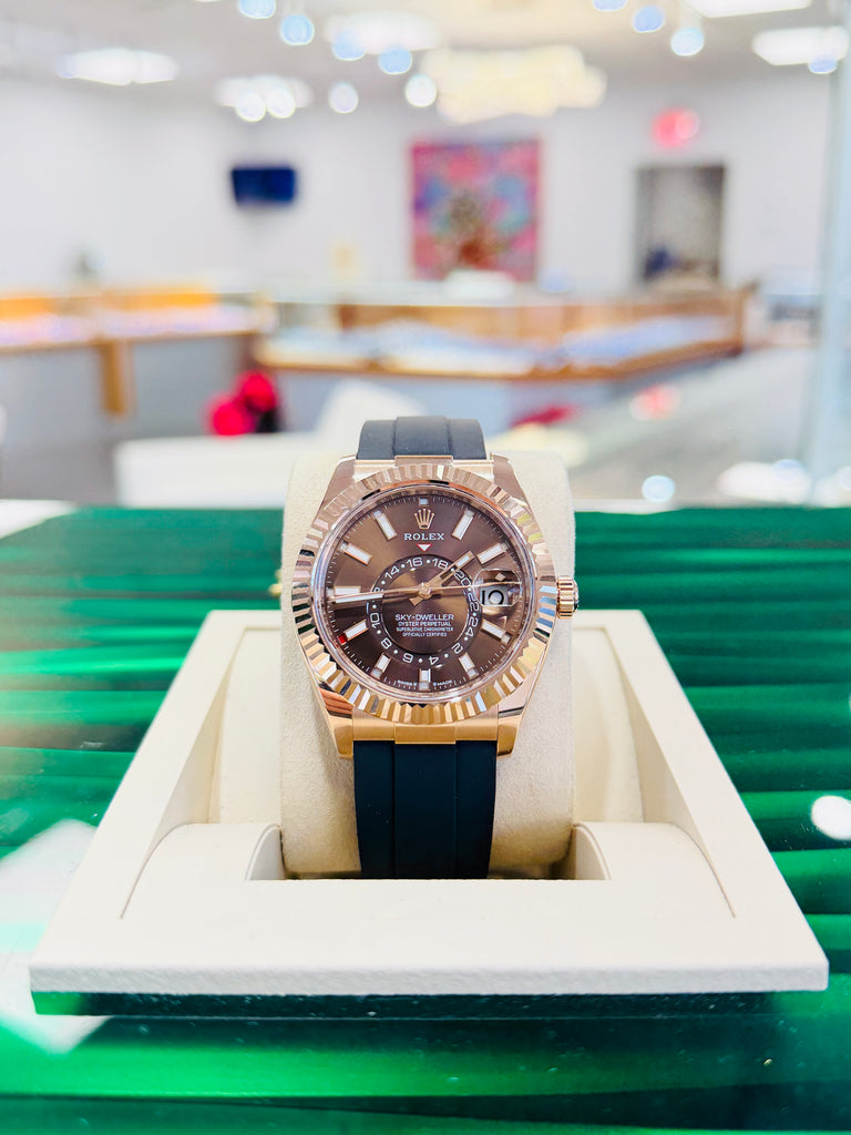 Rolex Sky-Dweller 42 326235  EverRose Gold Chocolate Dial OysterFlex PreOwned Box and Papers - Diamonds East Intl.