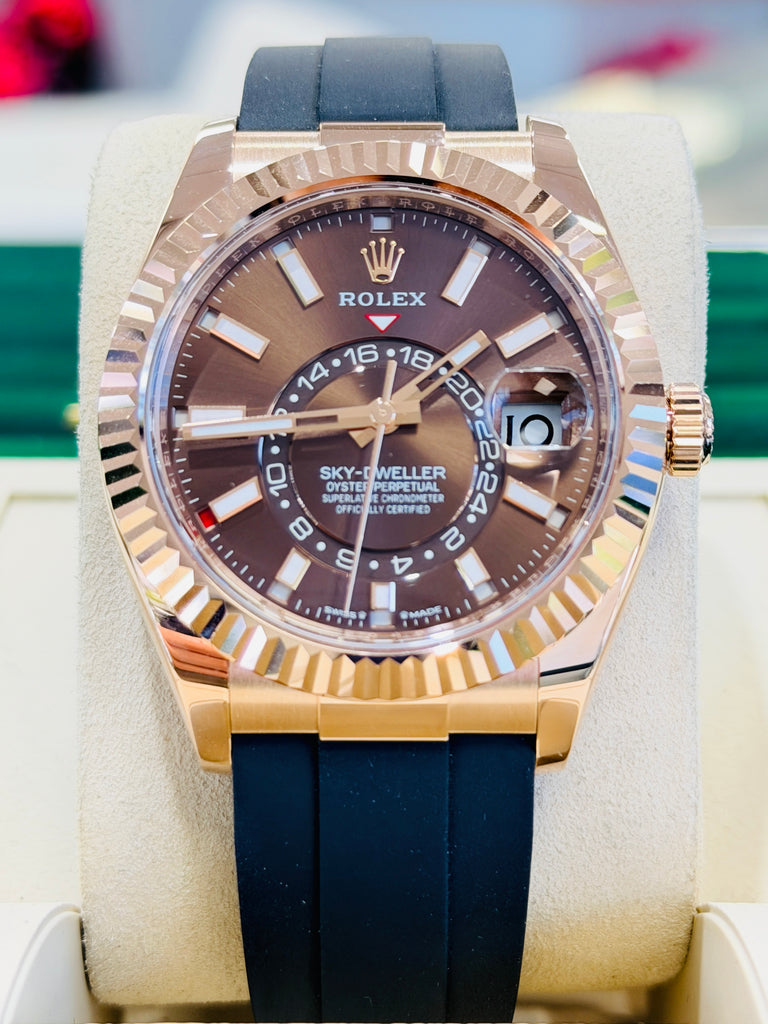Rolex Sky-Dweller 42 326235  EverRose Gold Chocolate Dial OysterFlex PreOwned Box and Papers - Diamonds East Intl.