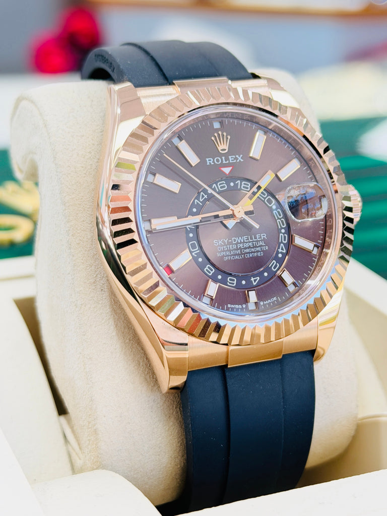 Rolex Sky-Dweller 42 326235  EverRose Gold Chocolate Dial OysterFlex PreOwned Box and Papers - Diamonds East Intl.