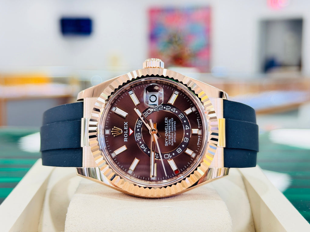 Rolex Sky-Dweller 42 326235  EverRose Gold Chocolate Dial OysterFlex PreOwned Box and Papers - Diamonds East Intl.