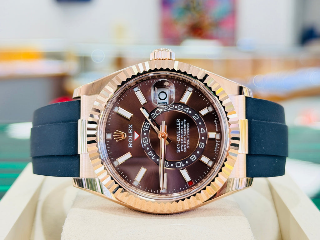 Rolex Sky-Dweller 42 326235  EverRose Gold Chocolate Dial OysterFlex PreOwned Box and Papers - Diamonds East Intl.