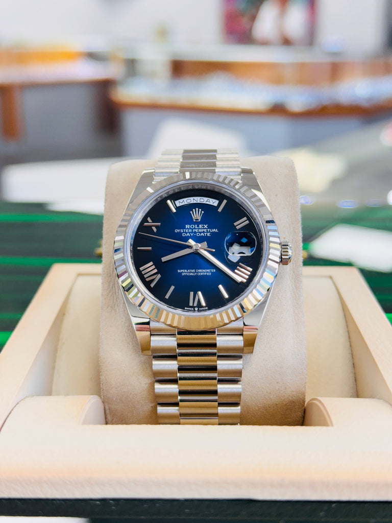 Rolex Day-Date 40 228239 White Gold Fluted Bezel Blue Ombre Dial President Bracelet  Unworn Box and Papers