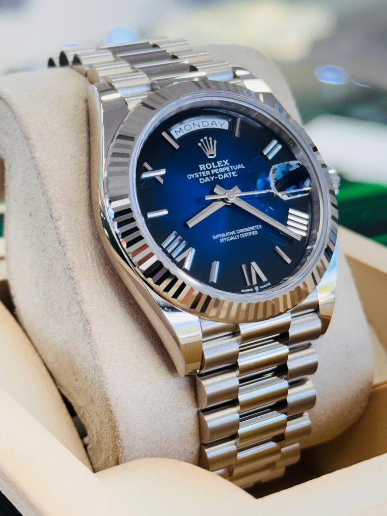 Rolex Day-Date 40 228239 White Gold Fluted Bezel Blue Ombre Dial President Bracelet  Unworn Box and Papers