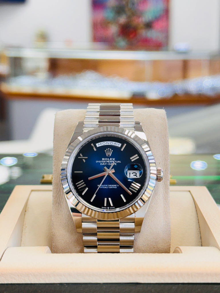 Rolex Day-Date 40 228239 White Gold Fluted Bezel Blue Ombre Dial President Bracelet  Unworn Box and Papers