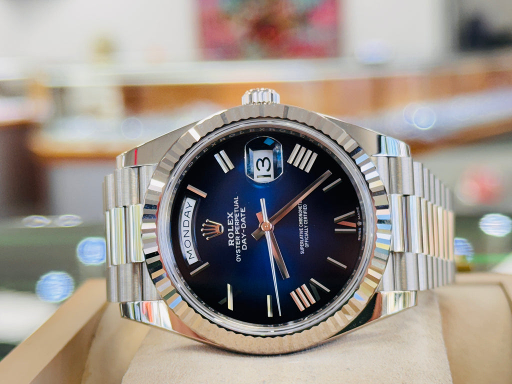 Rolex Day-Date 40 228239 White Gold Fluted Bezel Blue Ombre Dial President Bracelet  Unworn Box and Papers