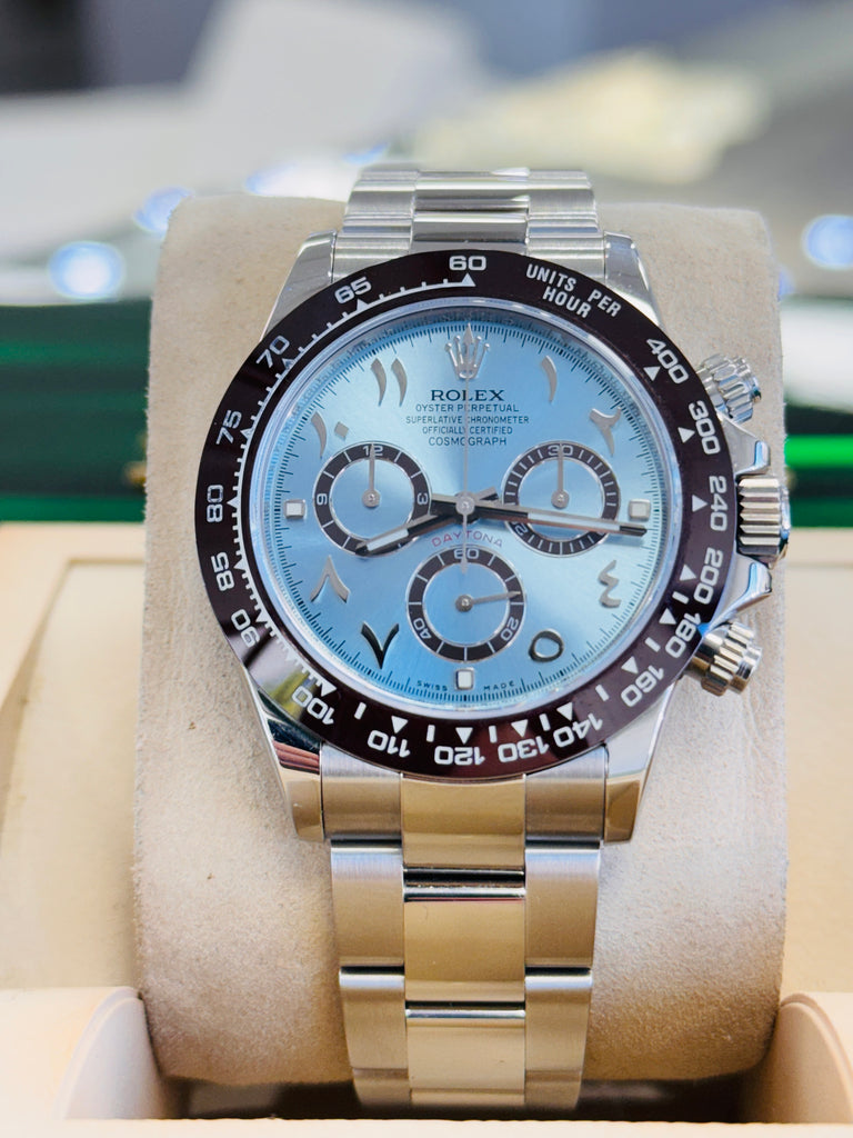 Rolex Daytona 116520 Cosmograph CUSTOM CERAMIC BEZEL CUSTOM BLUE ARABIC Dial Stainless Steel Oyster BOX/PAPERS PreOwned