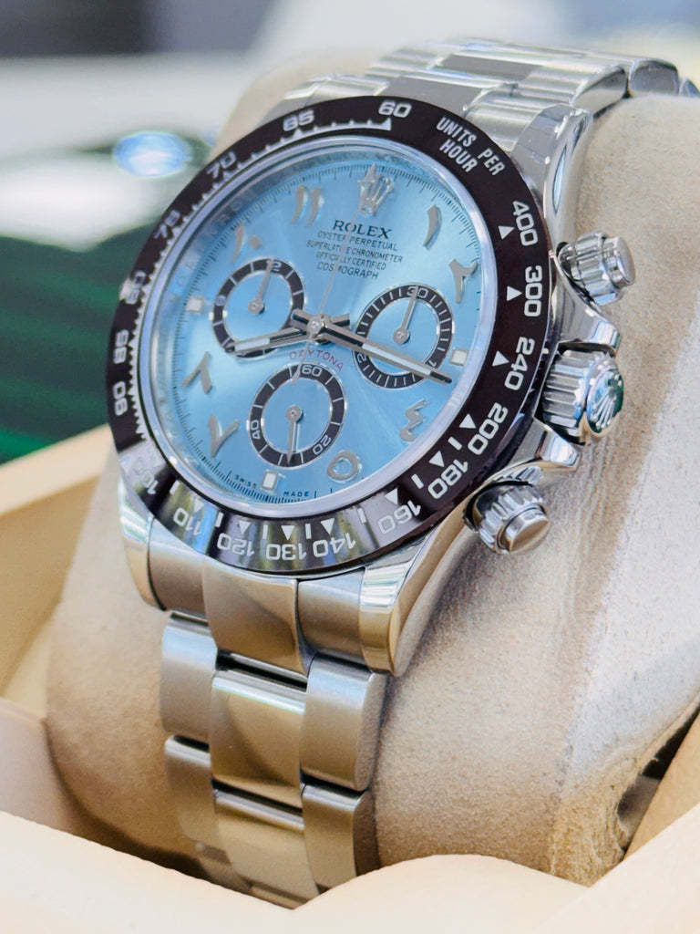 Rolex Daytona 116520 Cosmograph CUSTOM CERAMIC BEZEL CUSTOM BLUE ARABIC Dial Stainless Steel Oyster BOX/PAPERS PreOwned