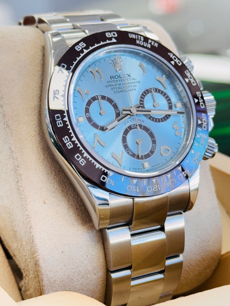 Rolex Daytona 116520 Cosmograph CUSTOM CERAMIC BEZEL CUSTOM BLUE ARABIC Dial Stainless Steel Oyster BOX/PAPERS PreOwned