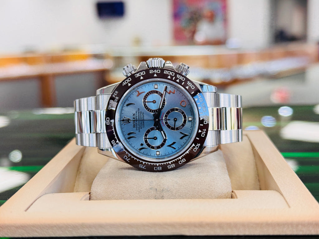 Rolex Daytona 116520 Cosmograph CUSTOM CERAMIC BEZEL CUSTOM BLUE ARABIC Dial Stainless Steel Oyster BOX/PAPERS MINT