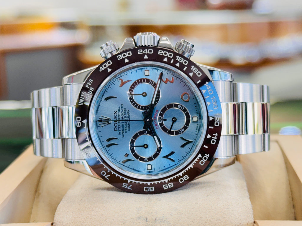 Rolex Daytona 116520 Cosmograph CUSTOM CERAMIC BEZEL CUSTOM BLUE ARABIC Dial Stainless Steel Oyster BOX/PAPERS PreOwned