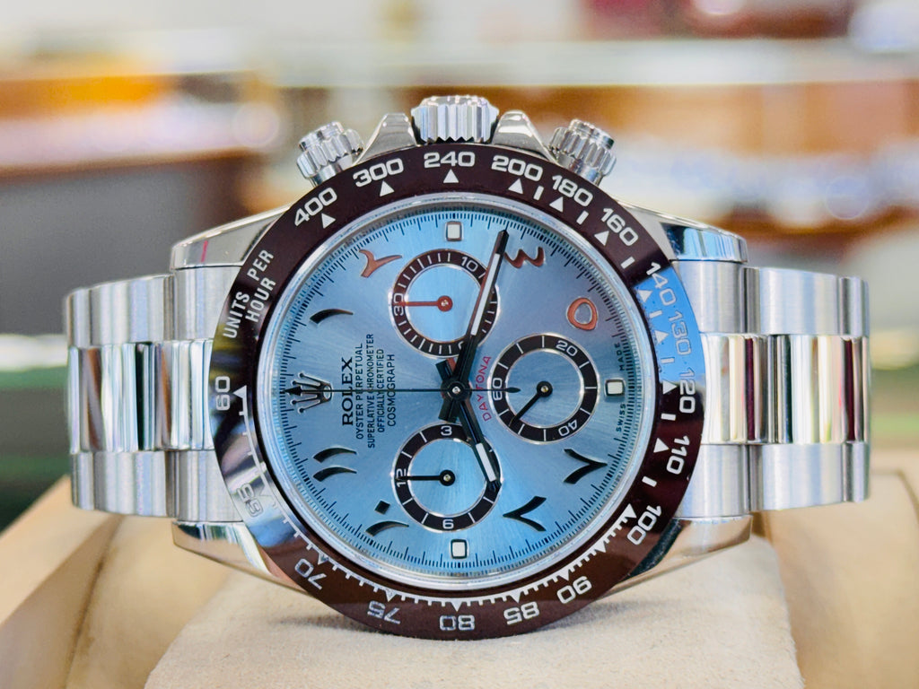 Rolex Daytona 116520 Cosmograph CUSTOM CERAMIC BEZEL CUSTOM BLUE ARABIC Dial Stainless Steel Oyster BOX/PAPERS MINT