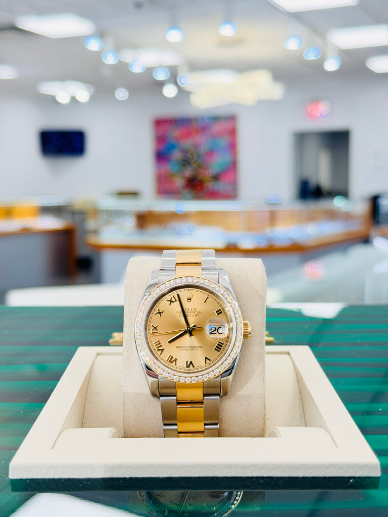 Rolex Datejust 36 116203 Champagne Roman Dial Custom Diamond Bezel Stainless & Gold Oyster MINT