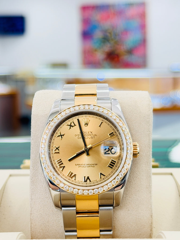 Rolex Datejust 36 116203 Champagne Roman Dial Custom Diamond Bezel Stainless & Gold Oyster MINT