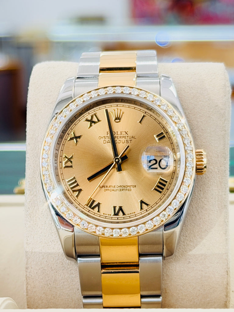 Rolex Datejust 36 116203 Champagne Roman Dial Custom Diamond Bezel Stainless & Gold Oyster MINT