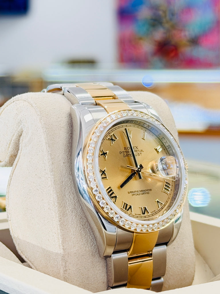 Rolex Datejust 36 116203 Champagne Roman Dial Custom Diamond Bezel Stainless & Gold Oyster MINT