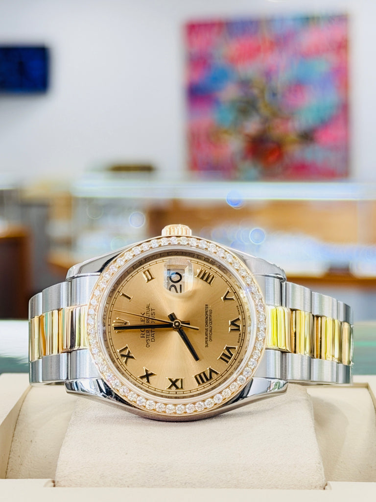 Rolex Datejust 36 116203 Champagne Roman Dial Custom Diamond Bezel Stainless & Gold Oyster MINT