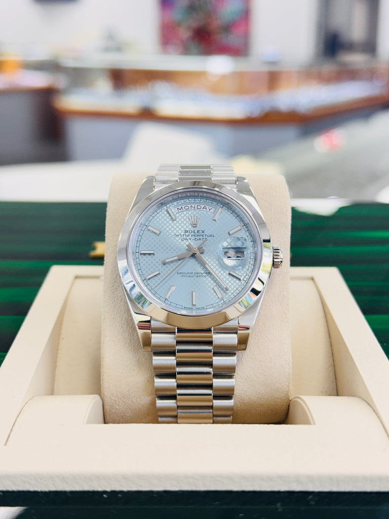 Rolex Day-Date 40 228206 Platinum Glacier Blue Motif Dial  Box and Papers MINT - Diamonds East Intl.