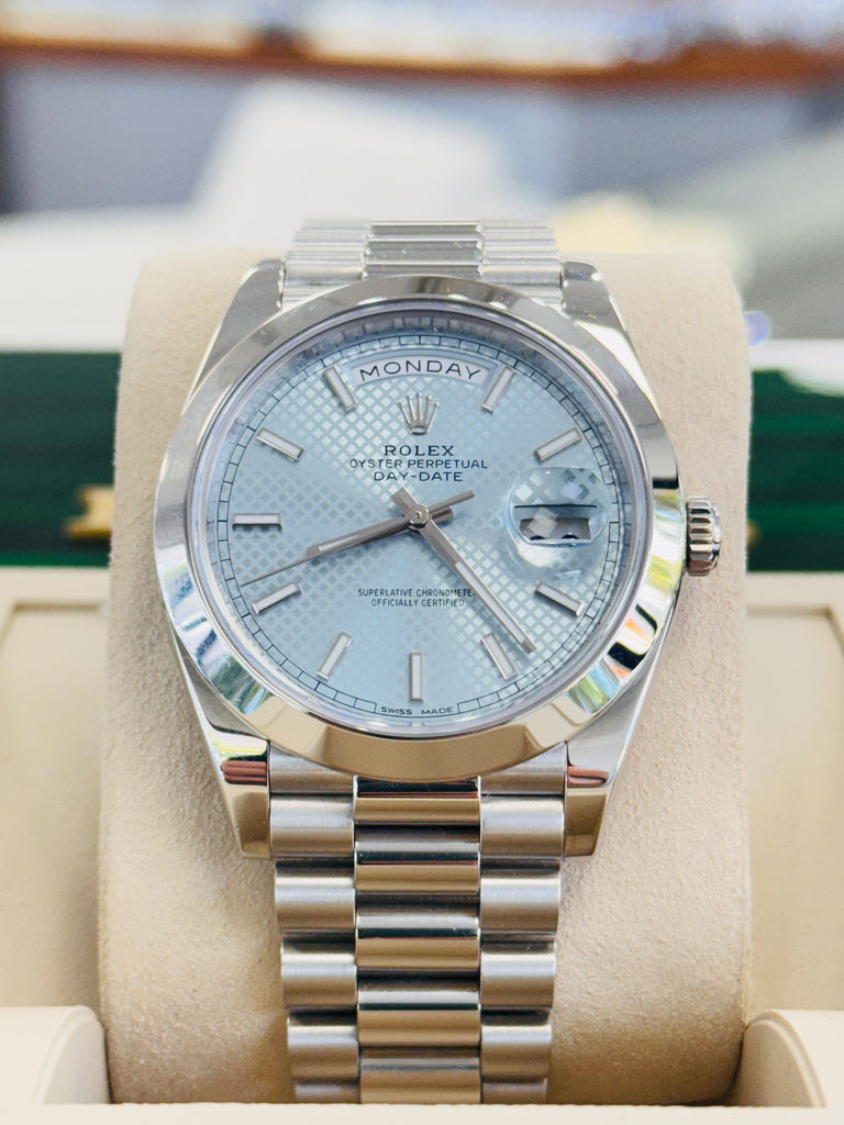 Rolex Day-Date 40 228206 Platinum Glacier Blue Motif Dial  Box and Papers MINT
