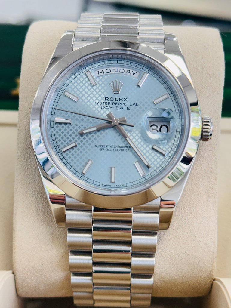 Rolex Day-Date 40 228206 Platinum Glacier Blue Motif Dial  Box and Papers MINT