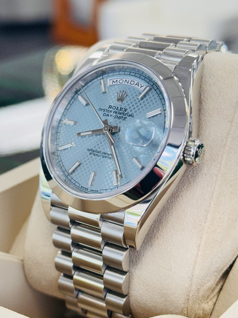 Rolex Day-Date 40 228206 Platinum Glacier Blue Motif Dial  Box and Papers MINT