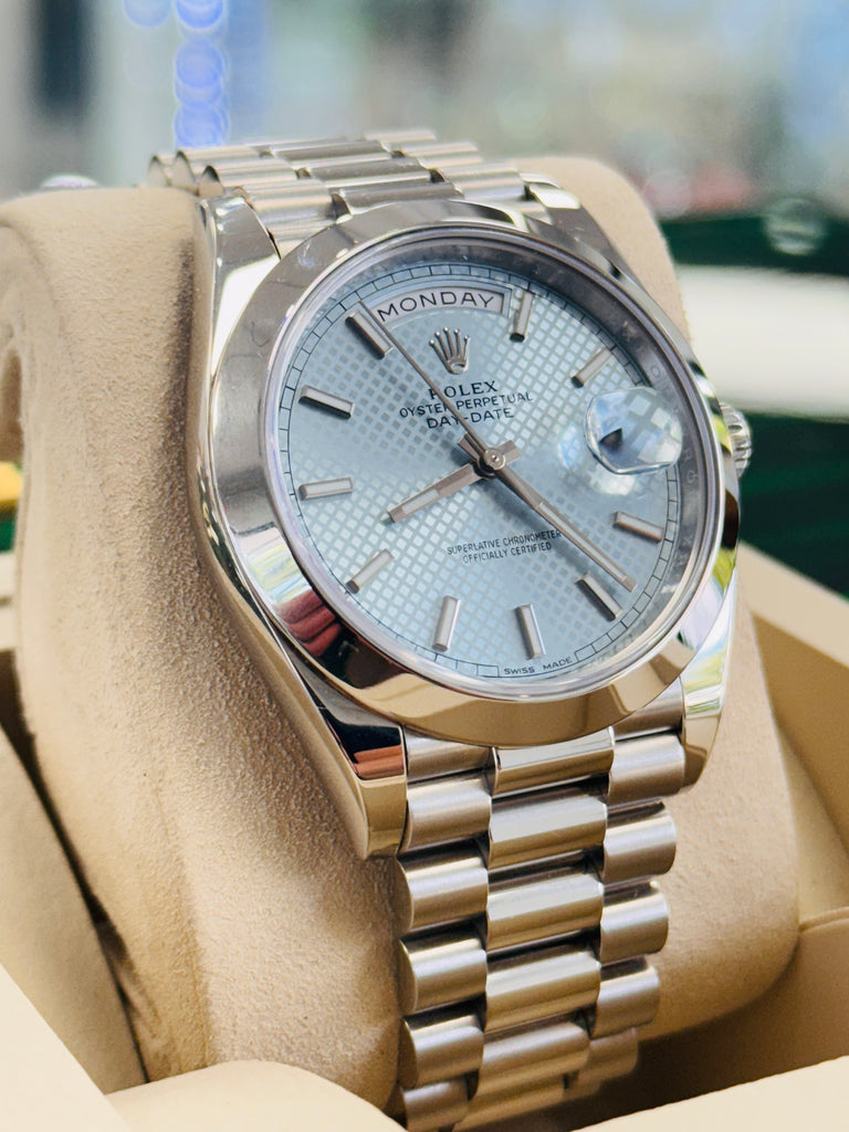 Rolex Day-Date 40 228206 Platinum Glacier Blue Motif Dial  Box and Papers MINT - Diamonds East Intl.