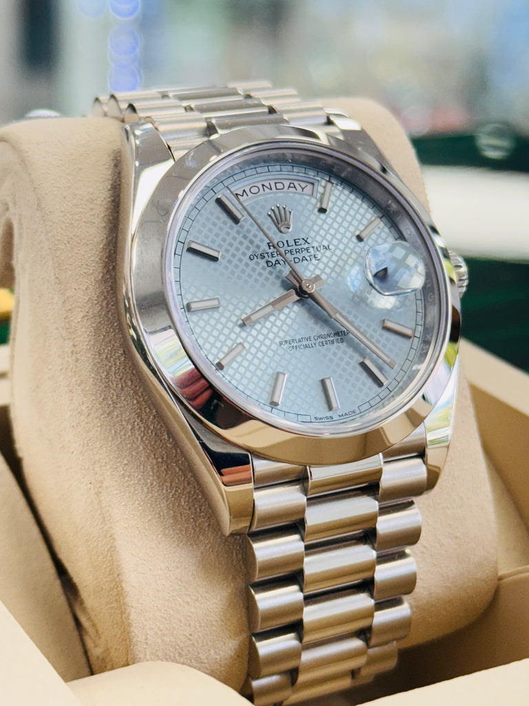 Rolex Day-Date 40 228206 Platinum Glacier Blue Motif Dial  Box and Papers MINT