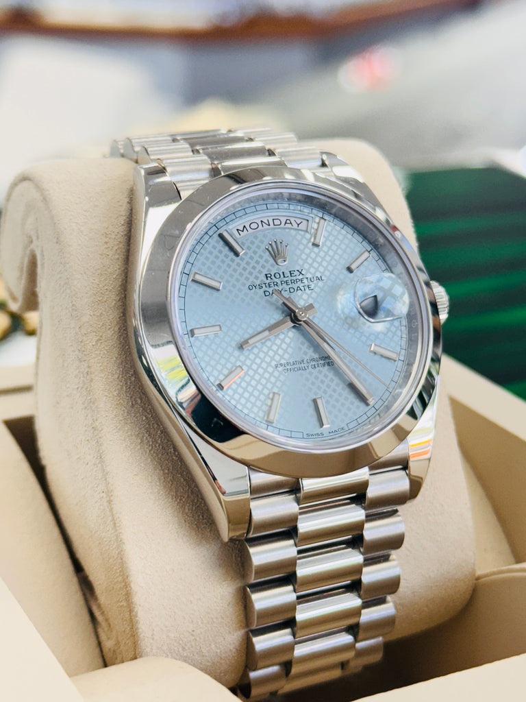 Rolex Day-Date 40 228206 Platinum Glacier Blue Motif Dial  Box and Papers MINT