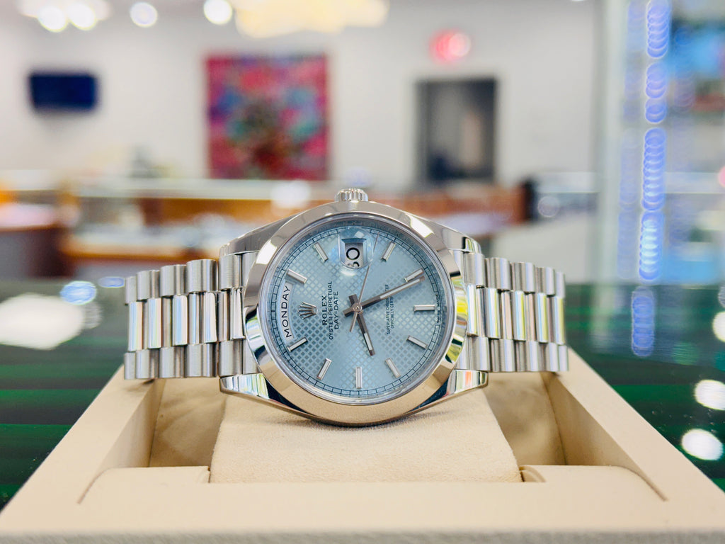 Rolex Day-Date 40 228206 Platinum Glacier Blue Motif Dial  Box and Papers MINT