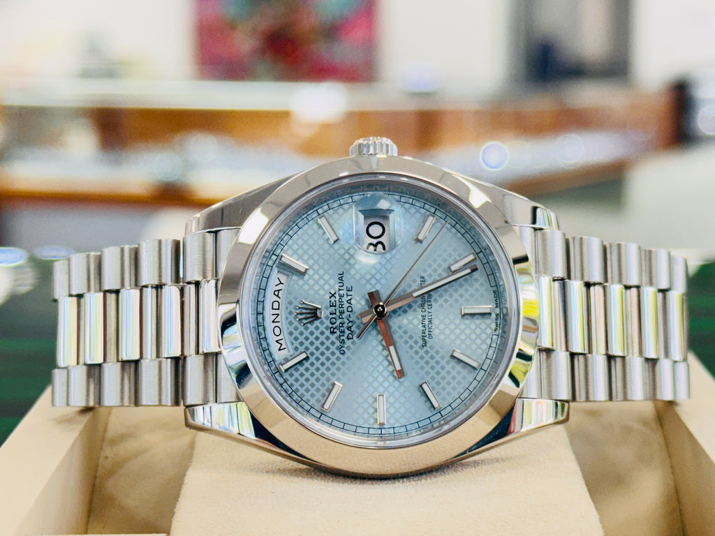 Rolex Day-Date 40 228206 Platinum Glacier Blue Motif Dial  Box and Papers MINT - Diamonds East Intl.