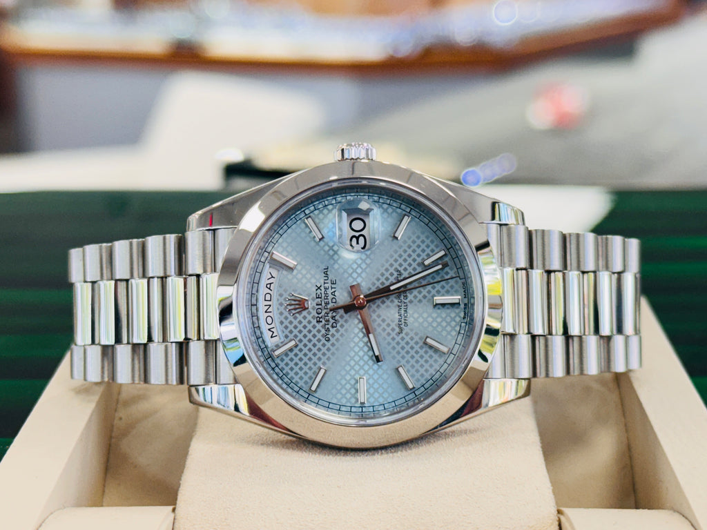 Rolex Day-Date 40 228206 Platinum Glacier Blue Motif Dial  Box and Papers MINT - Diamonds East Intl.