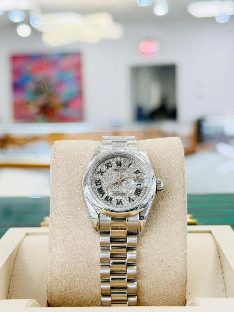 Rolex 26 Lady-Datejust 179166 Platinum PRESIDENT Custom Pave Diamond Roman Dial BOX/PAPERS FULLY SERVICED