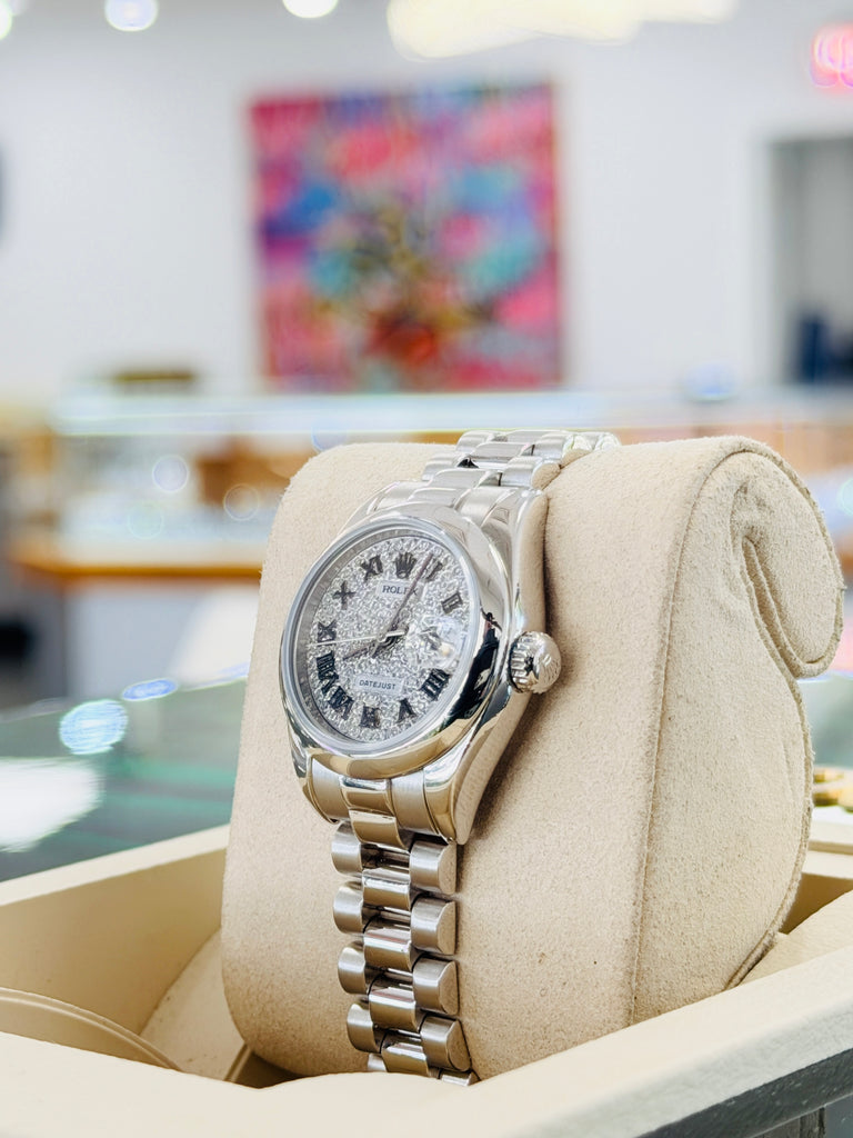 Rolex 26 Lady-Datejust 179166 Platinum PRESIDENT Custom Pave Diamond Roman Dial BOX/PAPERS FULLY SERVICED