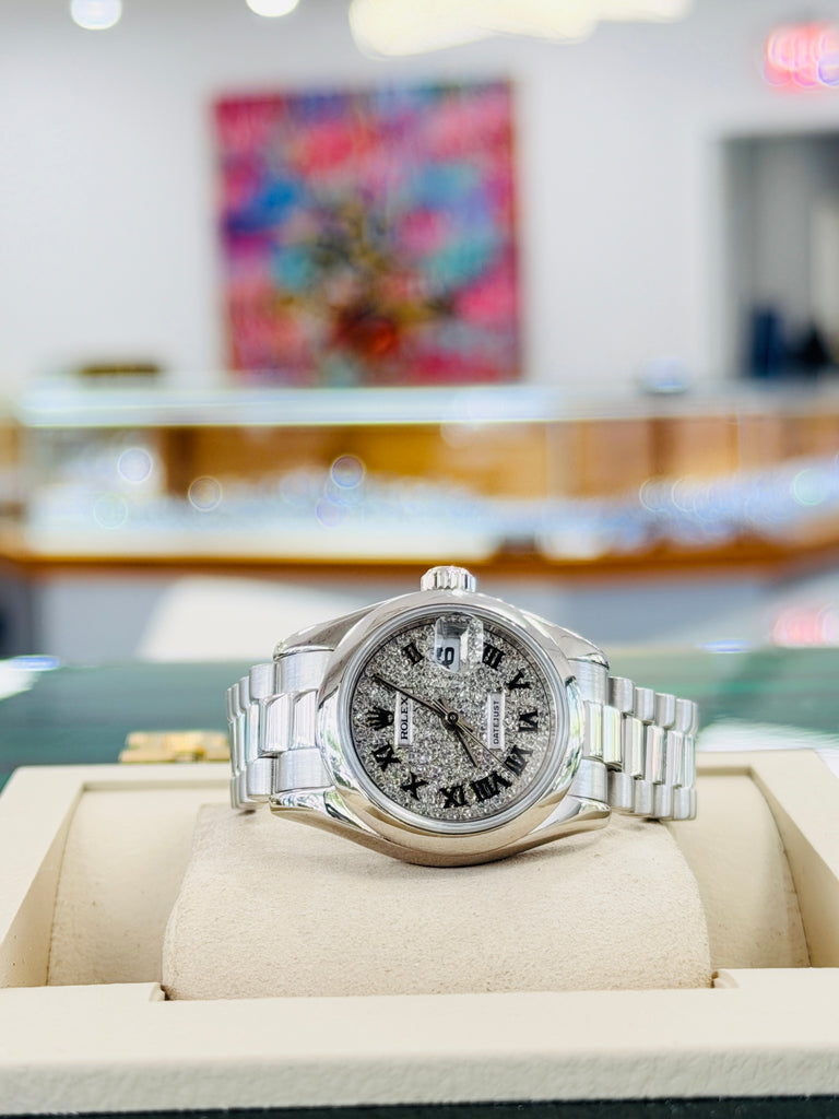 Rolex 26 Lady-Datejust 179166 Platinum PRESIDENT Custom Pave Diamond Roman Dial BOX/PAPERS FULLY SERVICED