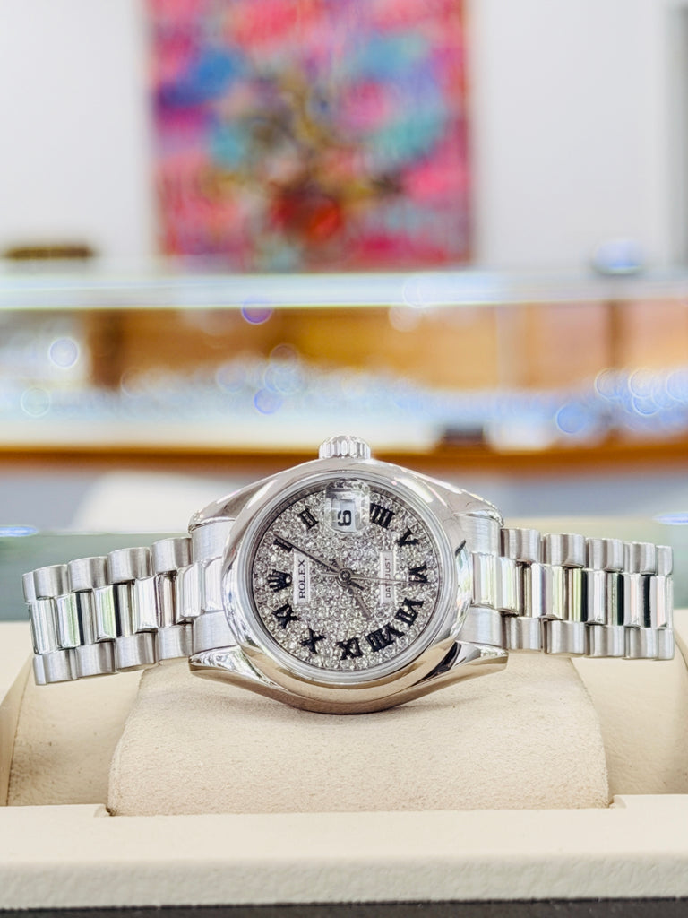 Rolex 26 Lady-Datejust 179166 Platinum PRESIDENT Custom Pave Diamond Roman Dial BOX/PAPERS FULLY SERVICED