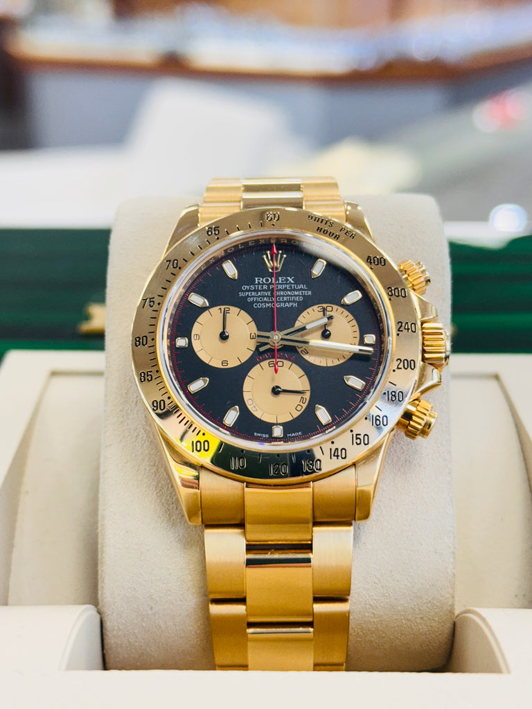 Rolex Daytona Cosmograph 116508 Black with Champagne Subdials “PAUL NEWMAN Dial” 18K Yellow Gold PreOwned - Diamonds East Intl.