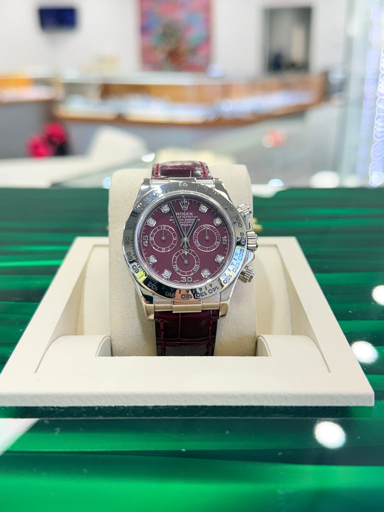 Rolex Daytona 116519 White Gold Factory Diamond Rubellite Grossular Dial Box and Papers PreOwned - Diamonds East Intl.