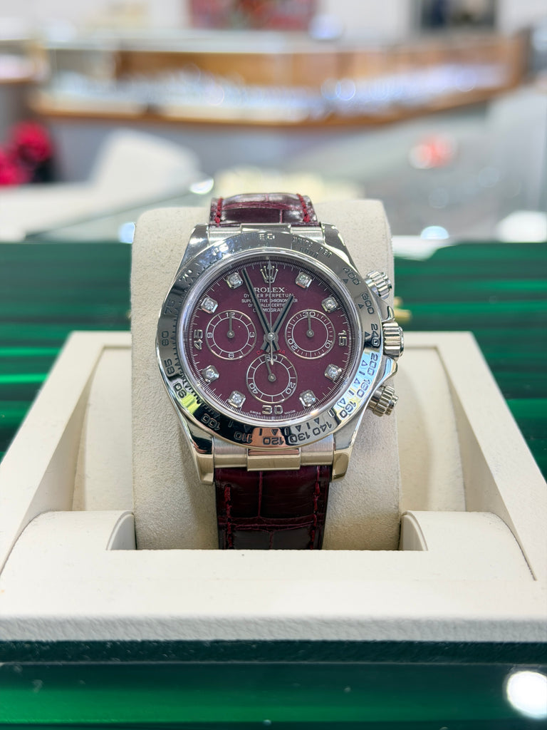 Rolex Daytona 116519 White Gold Factory Diamond Rubellite Grossular Dial Box and Papers PreOwned - Diamonds East Intl.