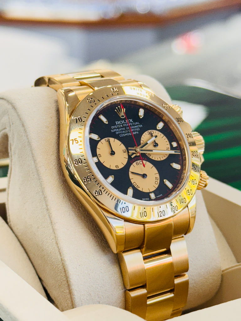 Rolex Daytona Cosmograph 116508 Black with Champagne Subdials “PAUL NEWMAN Dial” 18K Yellow Gold PreOwned - Diamonds East Intl.