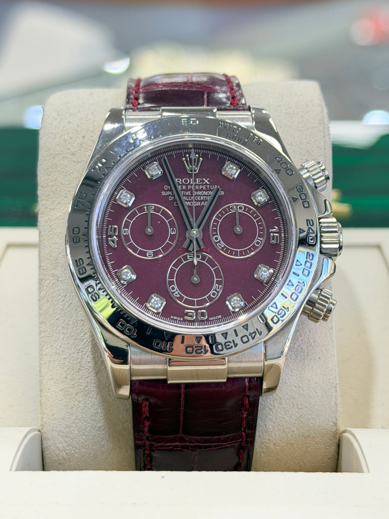 Rolex Daytona 116519 White Gold Factory Diamond Rubellite Grossular Dial Box and Papers PreOwned - Diamonds East Intl.