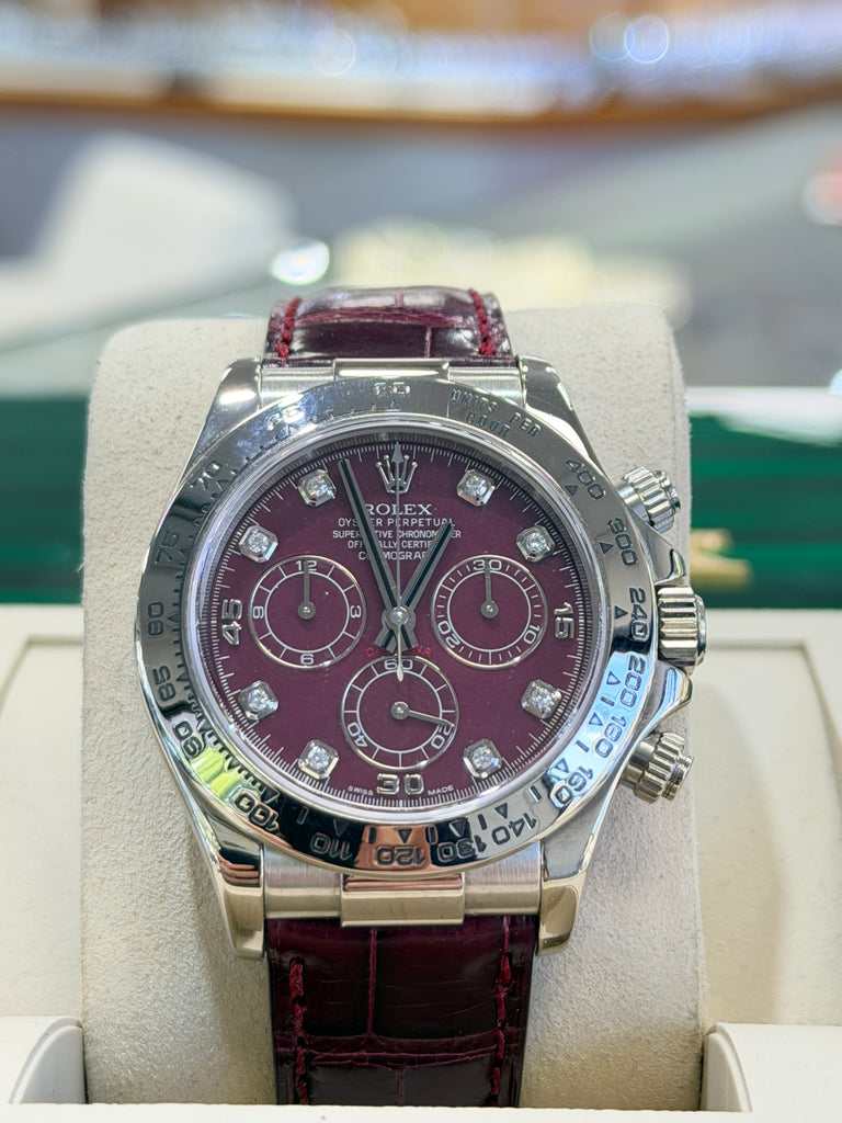 Rolex Daytona 116519 White Gold Factory Diamond Rubellite Grossular Dial Box and Papers PreOwned - Diamonds East Intl.