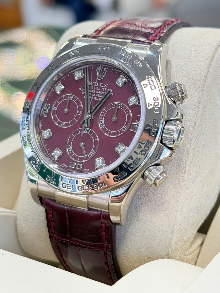 Rolex Daytona 116519 White Gold Factory Diamond Rubellite Grossular Dial Box and Papers PreOwned - Diamonds East Intl.
